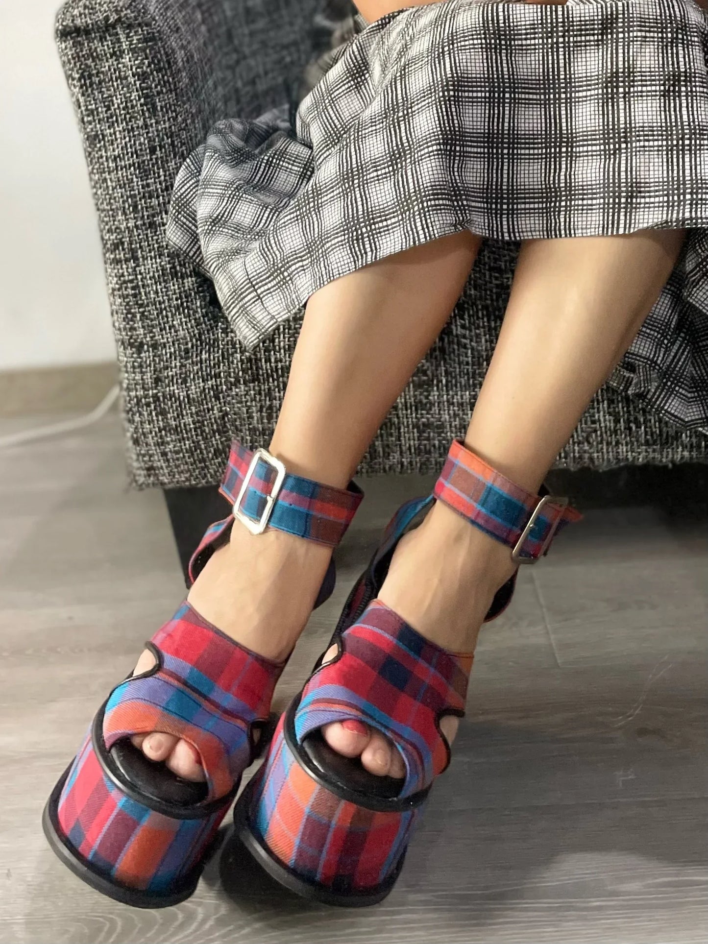 Platform Plaid Buckle Strap Sandals Open Toe Height Increasing Cut Out Rome Runway Show Women Heels Customize Color Plus Size