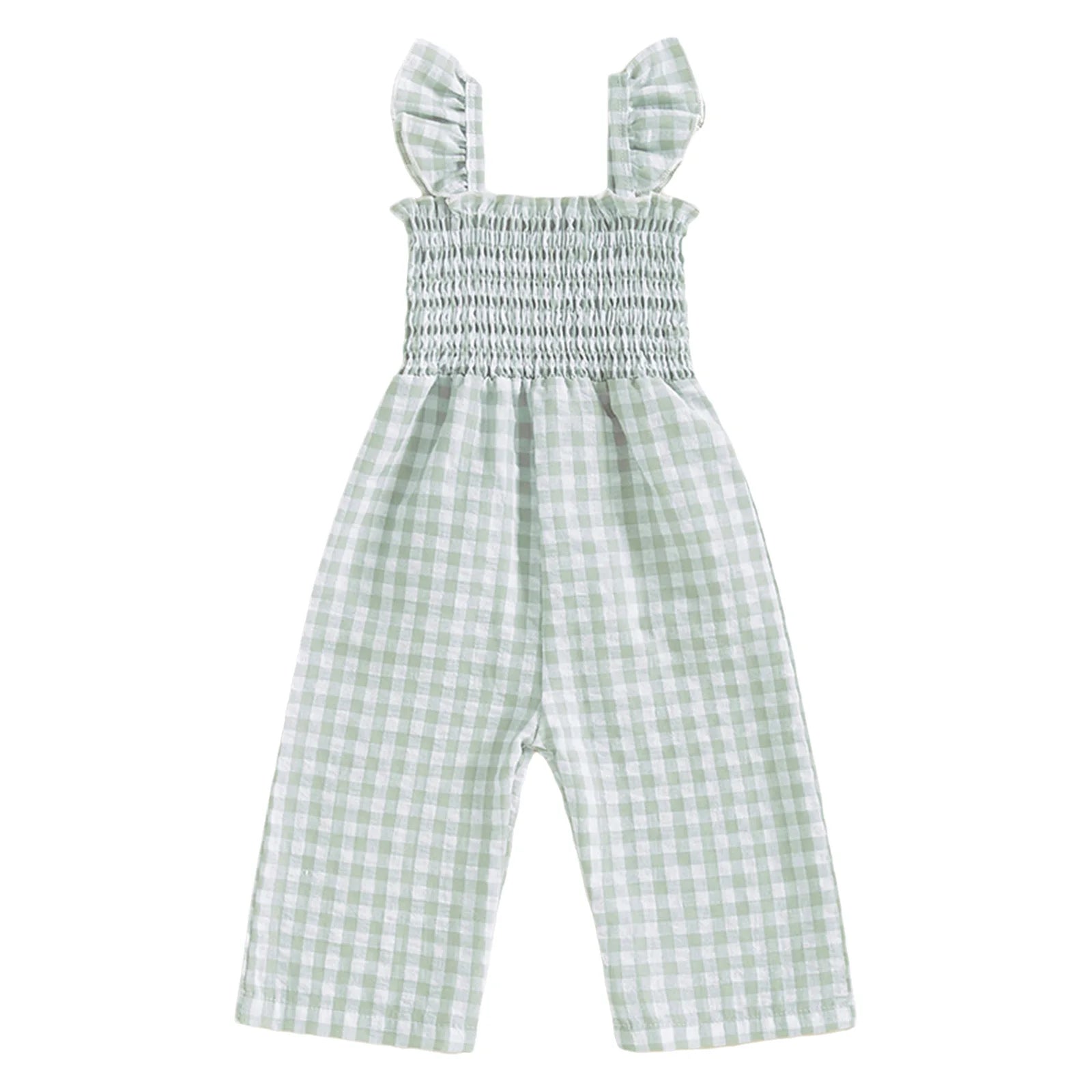Toddler Baby Girls Summer Clothes Sweet Plaid Bodysuit Fly Sleeves Smocked Rompers Wide Leg Jumpsuit Holiday Party Daily Wear