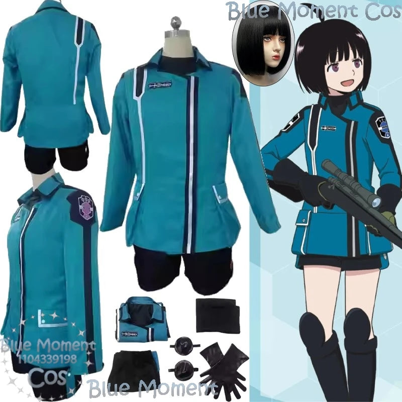 Amatori Chika Anime World Trigger Cosplay Blue Battle Uniform Coat Shirt Shorts Gloves Wig Woman Girl Halloween Party Carnival