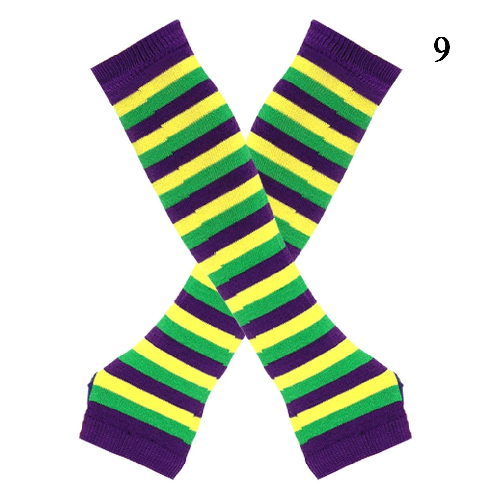 Macaroon Color Striped Long Sleeves Fashion Punk Long Fingerless Gloves For Women Men Outdoor Christmas Ornament  Arm Warmer
