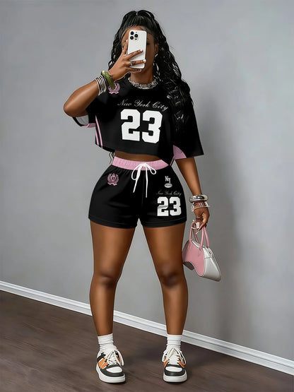 2026 New Short-Sleeve T-Shirt Set Crew Neck Casual Retro Print Hip-Hop Trend Crop Top Two-Piece Set Outdoor Sports Set