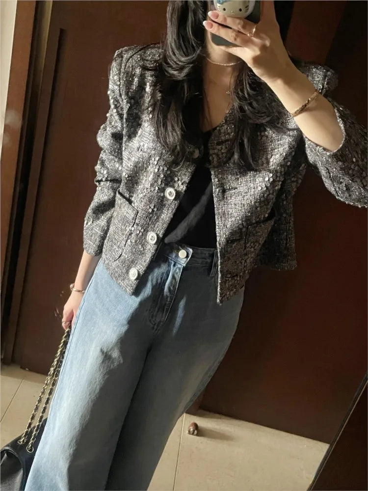 Autumn Sequin Jacket Coat Women Fashion Long Sleeve Ladies Jackets Coats Casual Cropped Jacket Woman Coat 2025