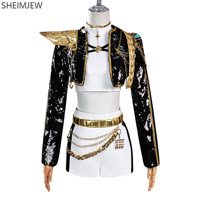 Rumi Zoey Mira Cosplay Kpop Demon Hunter Girls Group Cosplay Costume Women's Black And Gold Sequin Set Halloween Party Set 2025