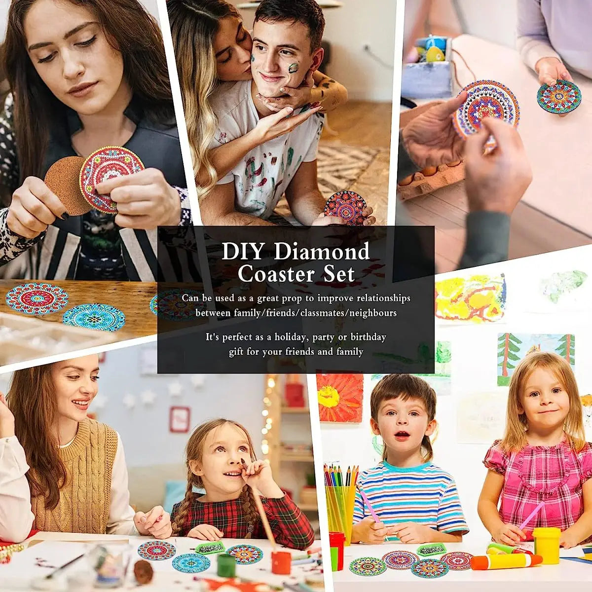 8pcs/Set DIY Diamond Painting Coasters with Holder Anti Slip Wood Drip Mats Crystal Rhinestones Diamond Art Coasters for Adults