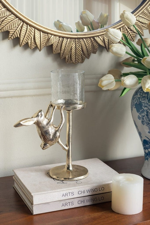 Gold Rabbit Pillar Candle Holder with Glass Hurricane, 11 in Tall