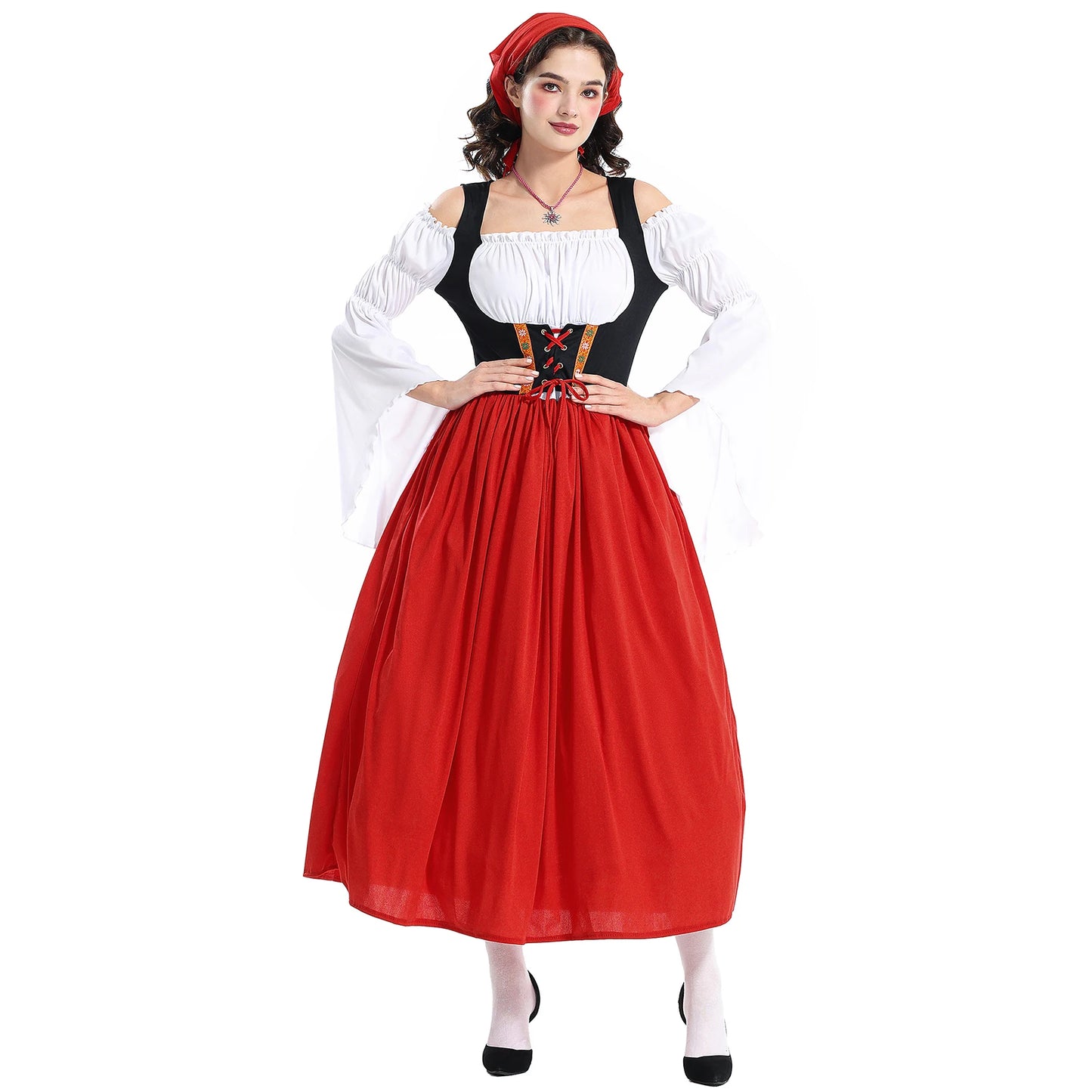 Vintage Halloween Women Maid Outfit Long Sleeve Cold Shoulder Patchwork Long Dress with Hair Scarf Cosplay Costume