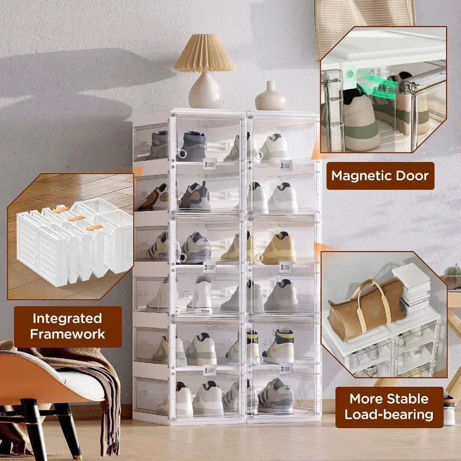 Foldable Shoe Rack for Closet: Plastic, Clear, Space-Saving Stackable Organizer with Magnetic Door, 8-Tier, 16-Pair Capacity