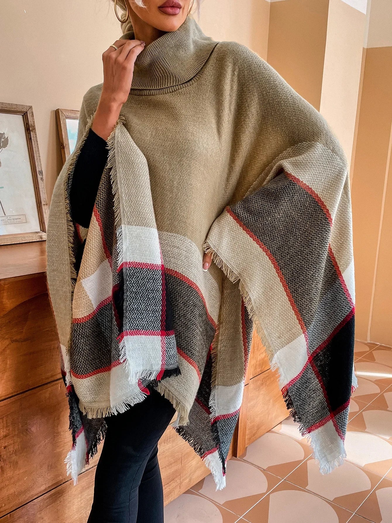 New Women Autumn Winter Striped Knitted Poncho Shawl Sweater Overcoat Streetwear Thick Warm High Neck Loose Knitwear Long Coat