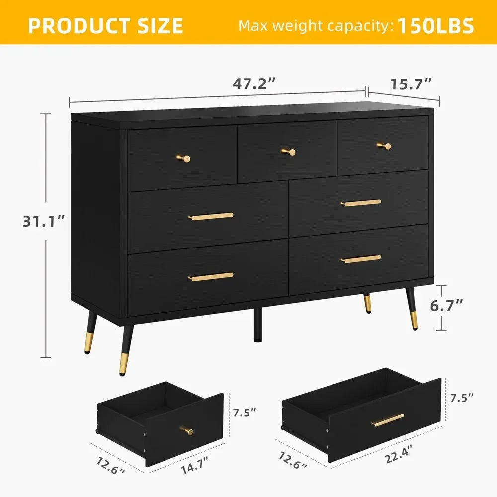 Black Dresser,7 Drawer Dresser with Wide Drawers and Gold Metal Handles, Wood Dressers & Chest of Hallway, Entryway