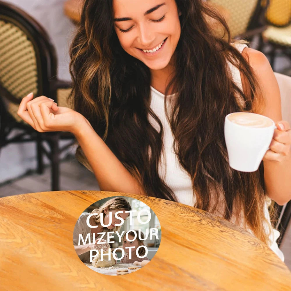 2Pcs Round Wooden Coaster Print, 2 Coasters for Your 2 Photos, Personalized Family Desktop Decoration, Ideal for Living Room, Bedroom, Home Office - Gift with Body Stickers