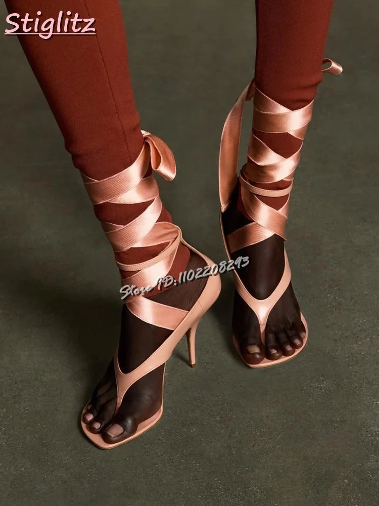 Silk Satin Cross-tied Sandals Clip-Toe Lace-up Flip-flop High Heels Riband Elegant Dress Shoes 2025 Summer New Fashion Women