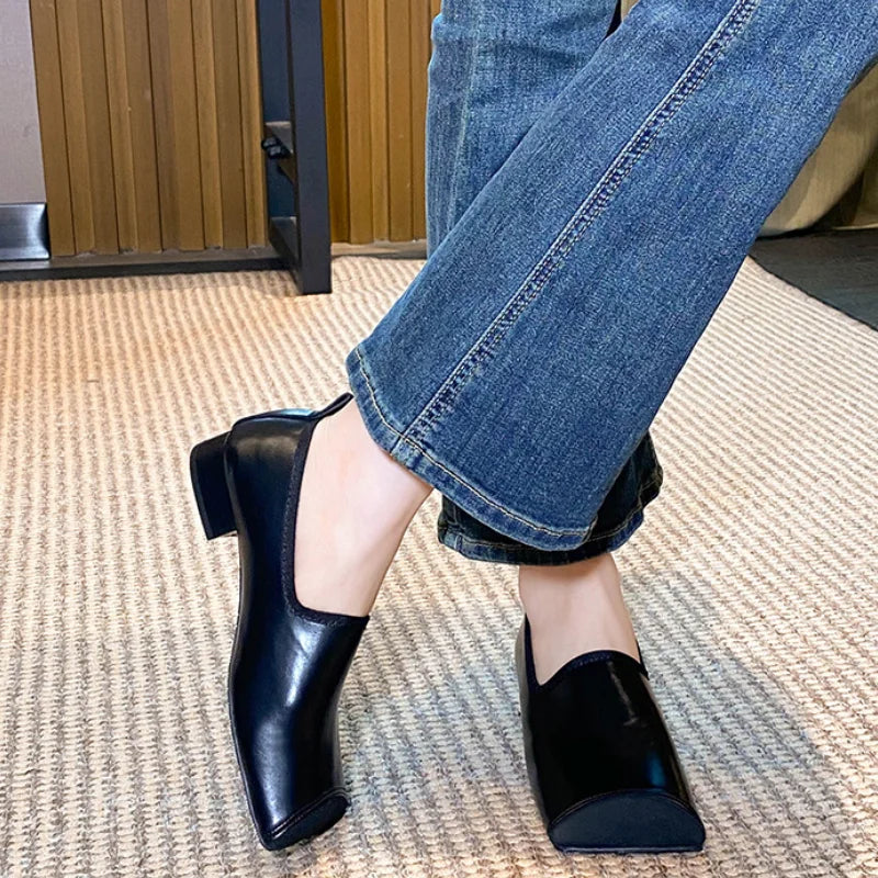 2025 Retro Square Toe Mary Janes Women's Pig Nose Ballet Shoes Autumn Slip On Low Heel French Style Pumps Mujer Plus Size 35-42