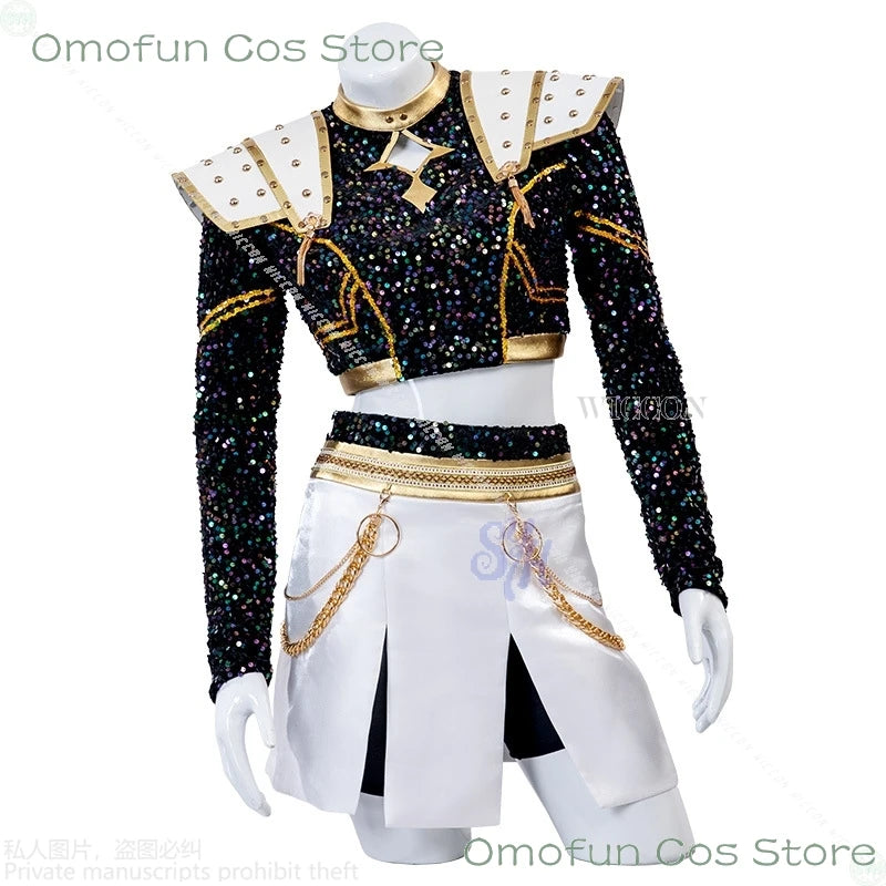 Huntrix Zoey Kpop Demon Cosplay Anime For GOLDEN Stage Uniform Black Coat White Mini Dress Kawaii Jirai Kei Girls Korea Idol Cos