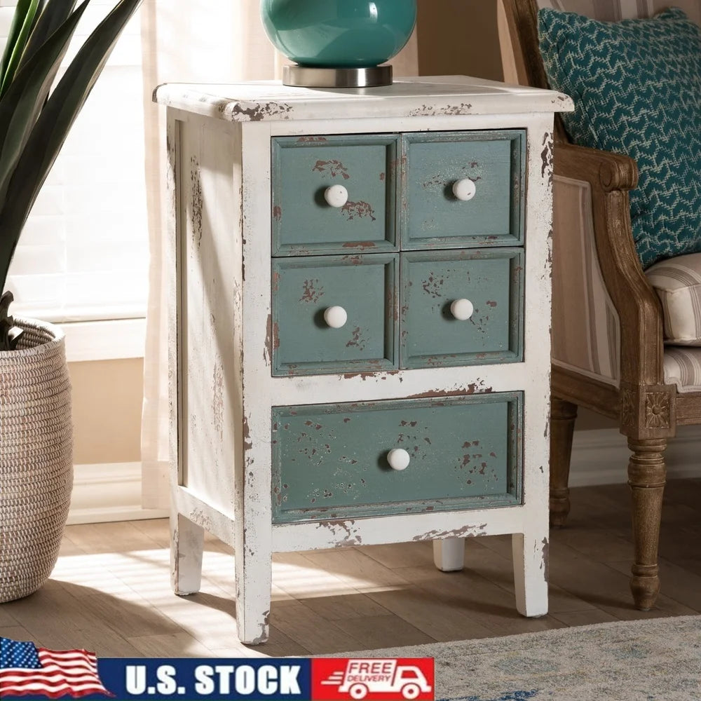 Vintage Distressed Wood 5-Drawer Chest Shabby Chic Accent Storage Organizer Teal White Finish Living Room Entryway