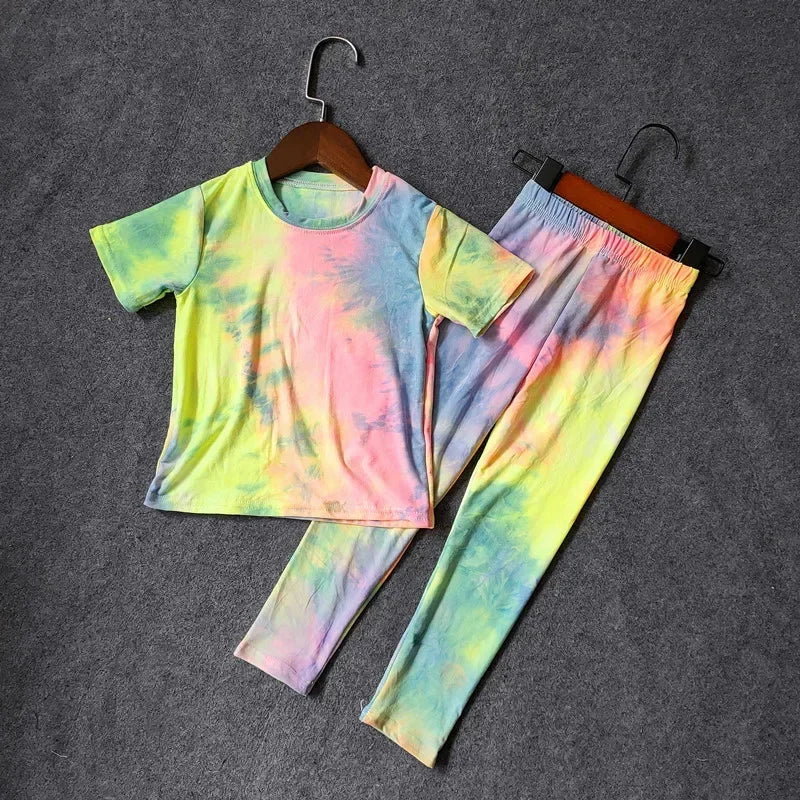 Baby Girls T shirts and Long Pants Suits Summer Tie Dye Print  Kids Girls Tops V-neck T Shirt Children Slim Sport Clothes Set