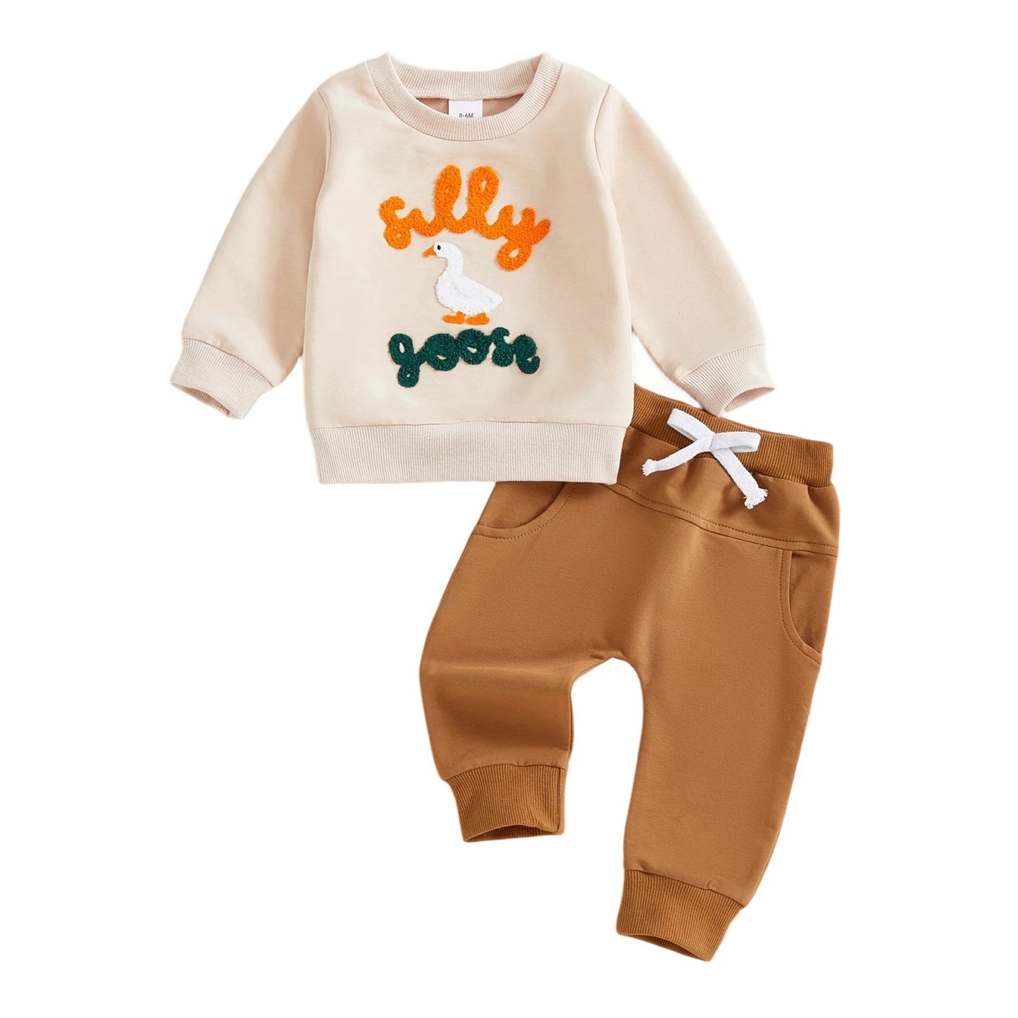 Boys Fall 2-Piece Outfit Set with Long Sleeve O Neck Top Featuring Duck Embroidery and Solid Color Pants