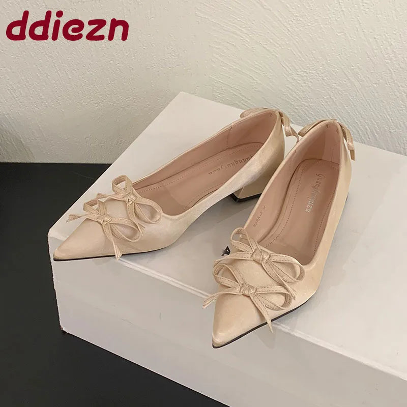 Butterfly-Knot Fashion Pointed Toe Ladies Heels Pumps Shoes 2025 New Silk Female Slip On Footwear Shallow Women Low Heel Shoes