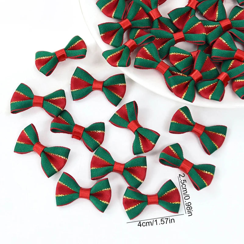 30Pcs Christmas Mini Bow Knot Xmas Tree Ornaments DIY Wreath Craft Girls Hair Accessories 2025 New Year Gift Wrapping Decoration