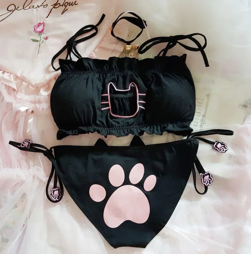 Japanese Anime Cat Girl Cosplay Bra Panties Set Women Sexy Lingerie Underwear Intimates Kawaii Lolita Hollow Out Cute Nightwear
