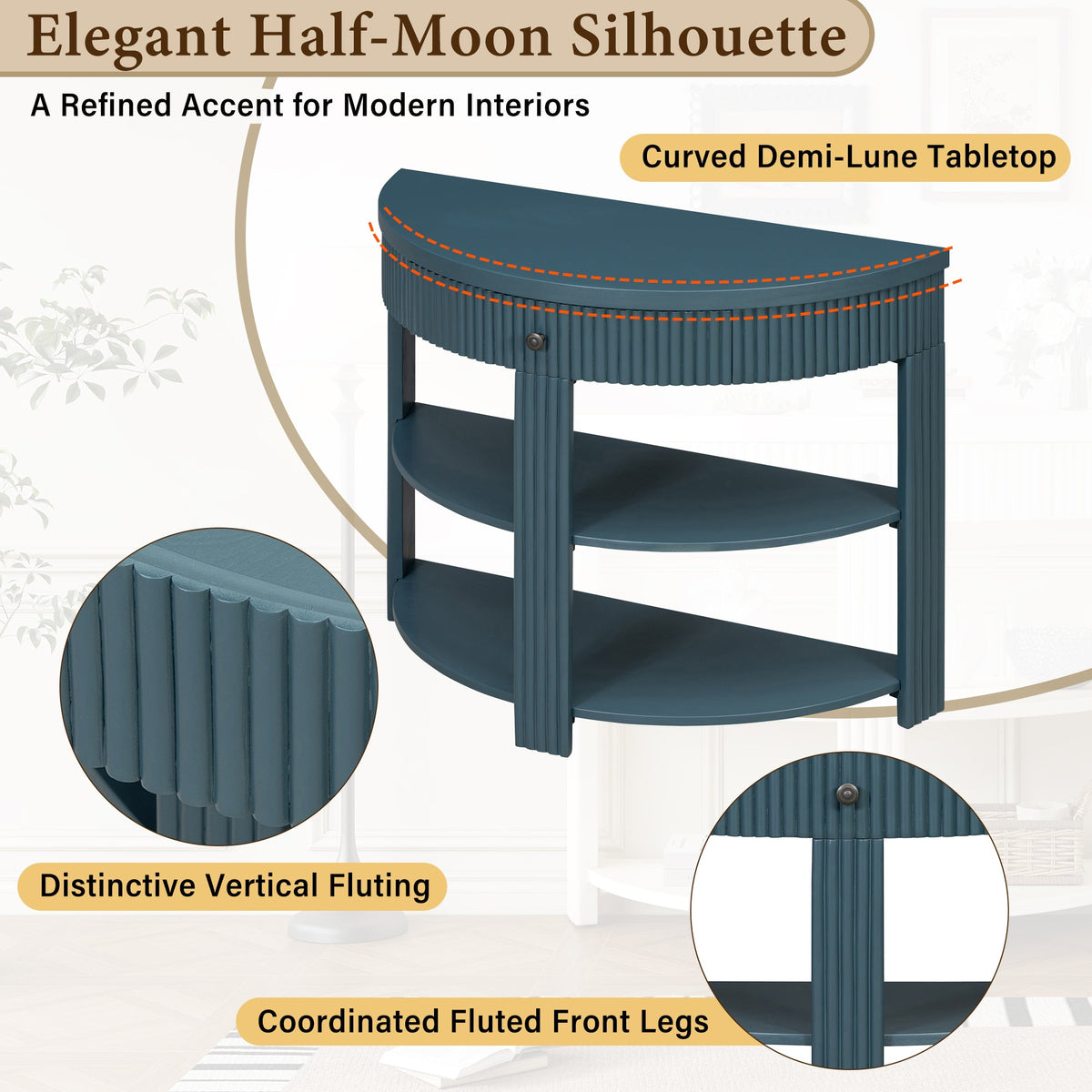 Fluted Half Moon Console Table with Drawer and 2 Shelves for Entryway,
