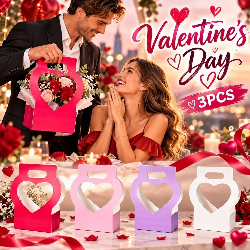 3PCS Heart-Cutout Flower Gift Box Portable Foldable Heart Shaped Gift Bags Romantic With Handle Floral Wrap Box Packaging
