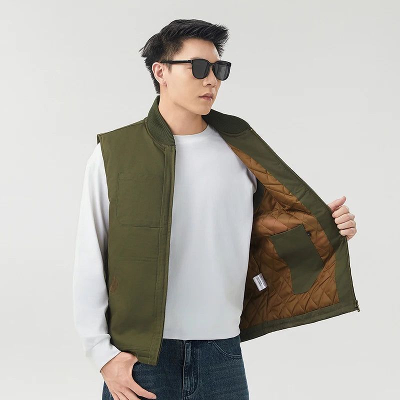 Autumn Winter Thickened Down Cotton Vest Men's Loose Fit Warmth Sleeveless Jacket New Stand Collar Jacket Outdoor Workwear Vest