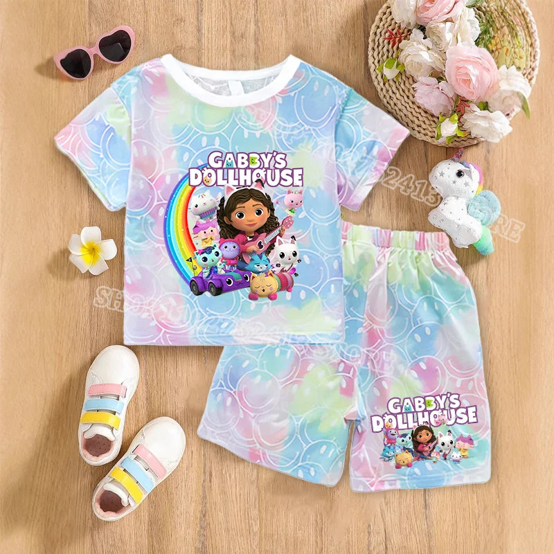 2pcs Gabby Dollhouse Sets Summer Breathable Sweat Absorbent Kids Clothes Baby Girls Kawaii anime Smile Short Sleeve Thin Suit