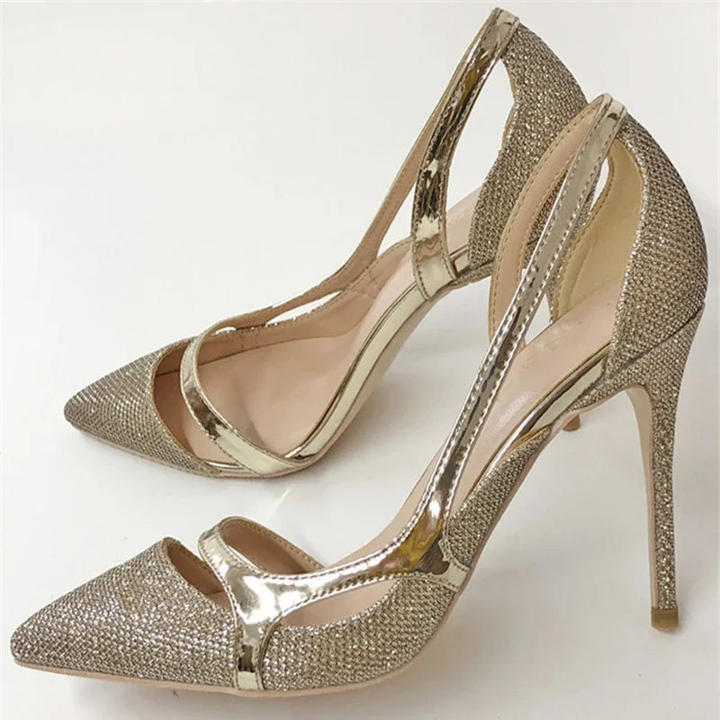 Veowalk 12cm 10cm Gold Glitter Women Sexy D'Orsay High Heels Ladies Bride Wedding Shoes Shiny Sparkle Pointed Toe Stiletto Pumps