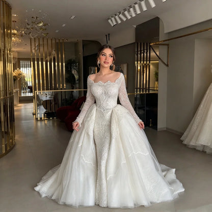 Luxury Mermaid Wedding Dress Detachable Overskirt Long Sleeve Off Shoulder Beaded Lace Bridal Gown Custom Wedding Robe For Bride