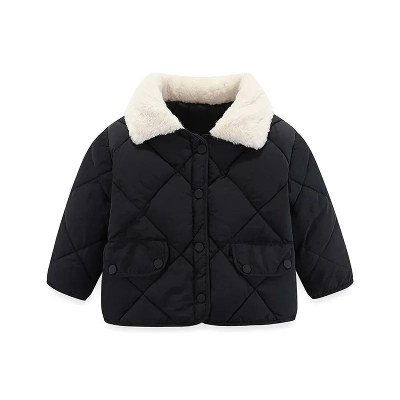 Children's Loose Cotton Clothes 18M-7Y Baby Short Diamond-shaped Lapel Cotton Jacket Boys and Girls Thick Warm Fur Collar Coat