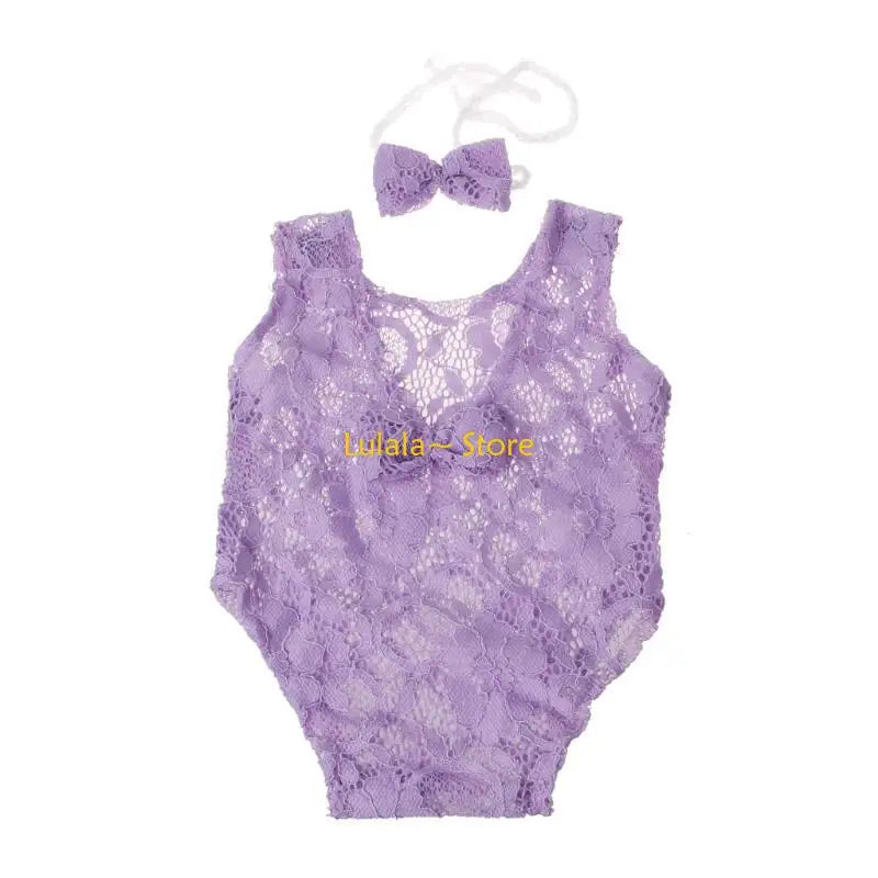 Y4QA Infant Clothes Newborn Photography Props Baby Romper Jumpsuit Headband Set with Lace Floral Photo Outfits