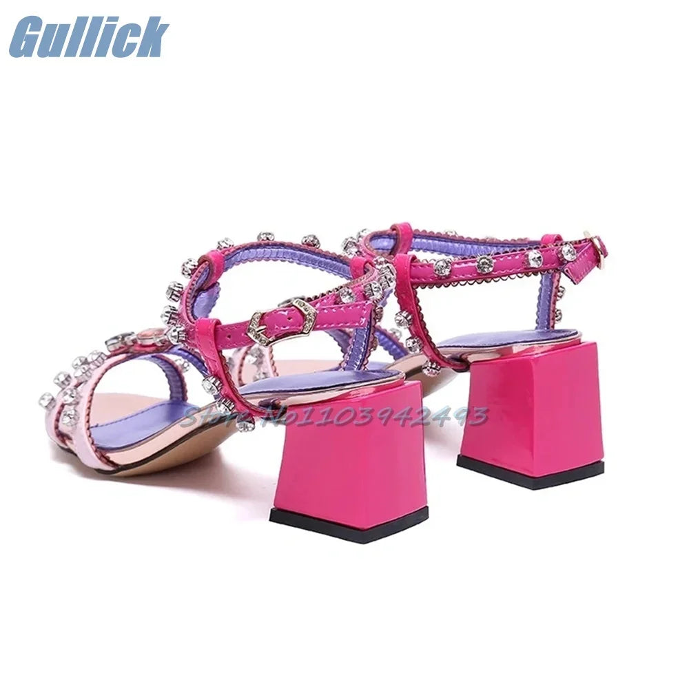 Flower Gemstone Sandals Open Toe Mixed Color High Heel Crystal Square Toe Dress Buckle Strap Summer Dress Banquet Designer Shoes