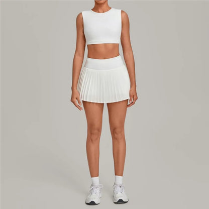 2 Piece Women Quick-Dry Sports Shorts Skirt Set O-Neck Long Sleeve Top Running Fitness Workout Athletic Tracksuit Sportswear