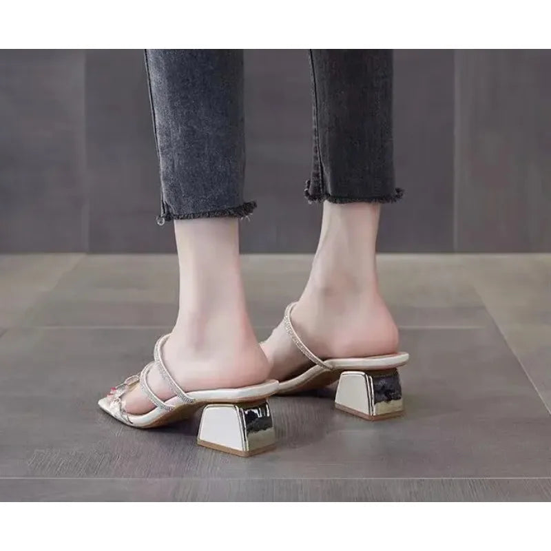 2025 New Women's Fashionable Rhinestone High-heeled Sandals Summer Women's Sexy Sandals Women's Leather Sandals Plus Size