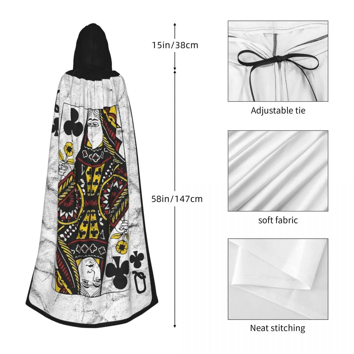 Playing Cards Queen Clubs distressed Design Long Hooded Cloak Witch Medieval Costume Cosplay Cape HalloweenVampire Adult Unisex