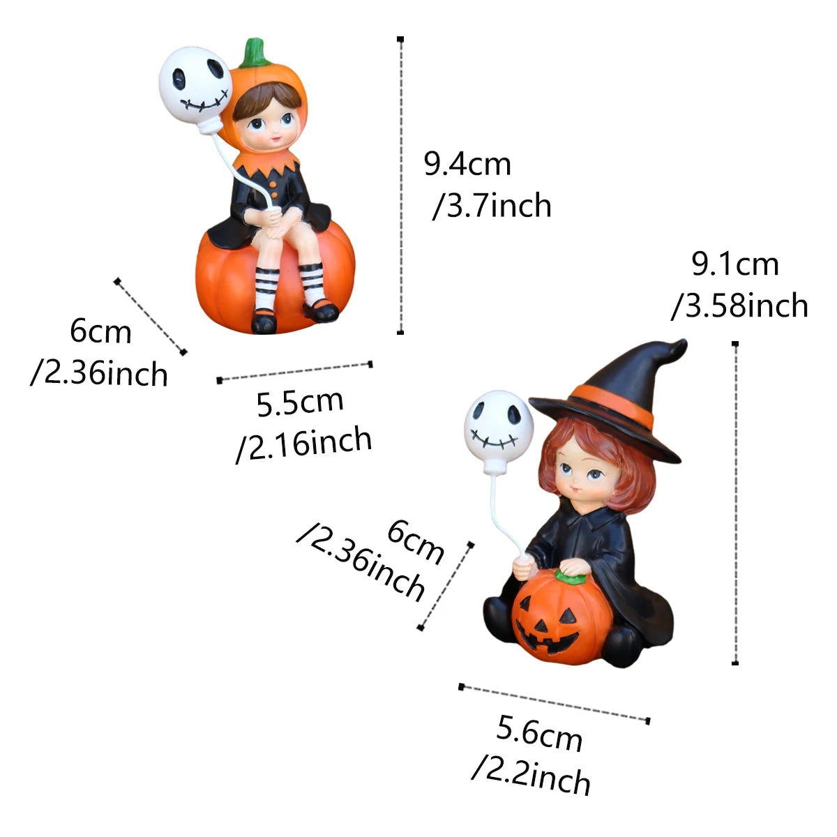 2Pcs Cute Resin Sitting Pumpkin Witch Holding Skeleton Balloon, Halloween Home Desktop Bookcase Halloween Decorations, Outdoor Courtyard Lawn Flower Pot Holiday Atmosphere Decoration