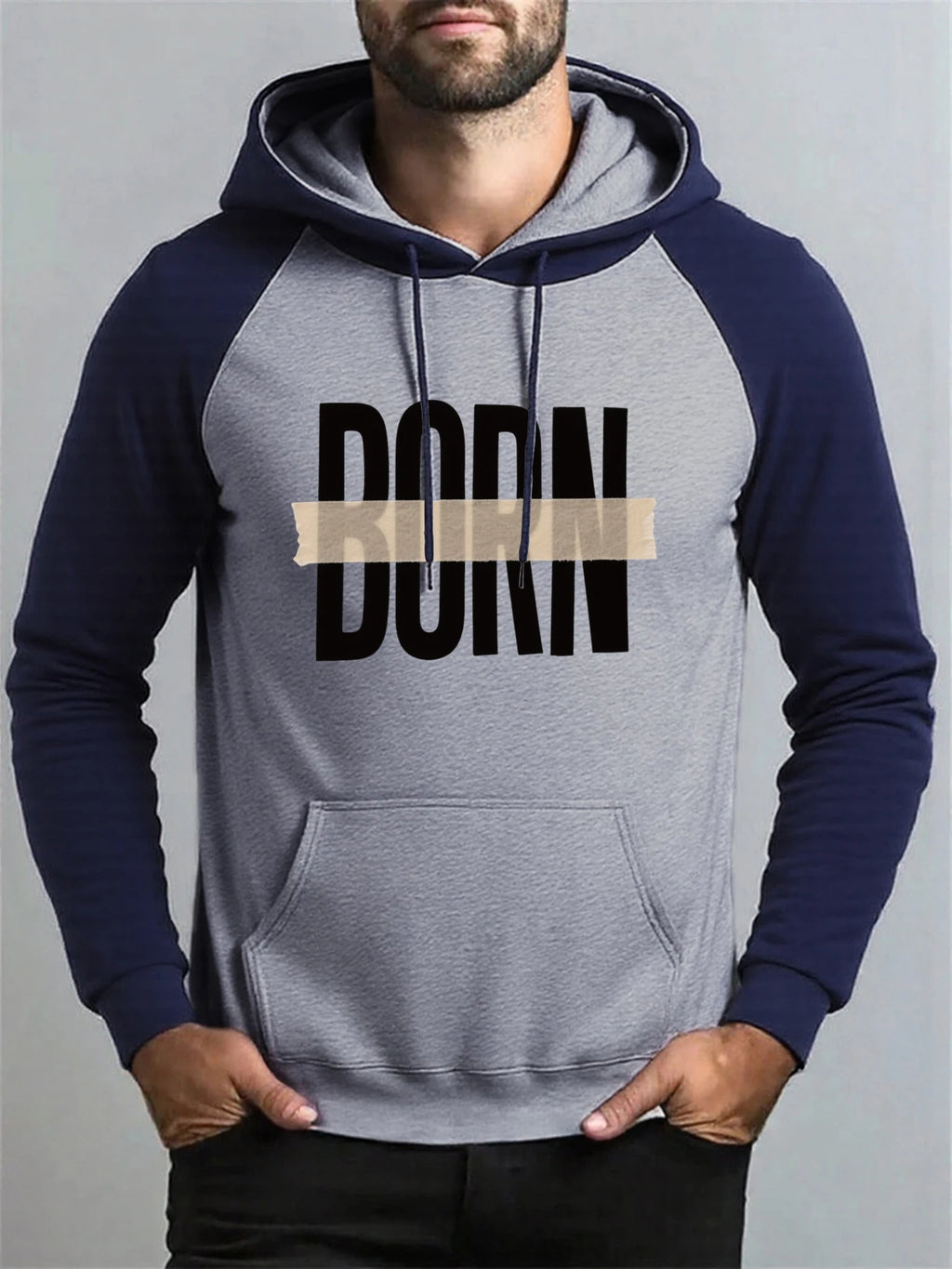 Born Adhesive Tape Prints Men Raglan Hoodies All-Match Hoody Fleece Casual Clothes Street Hip Hop Pullover Autumn Fashion Coat