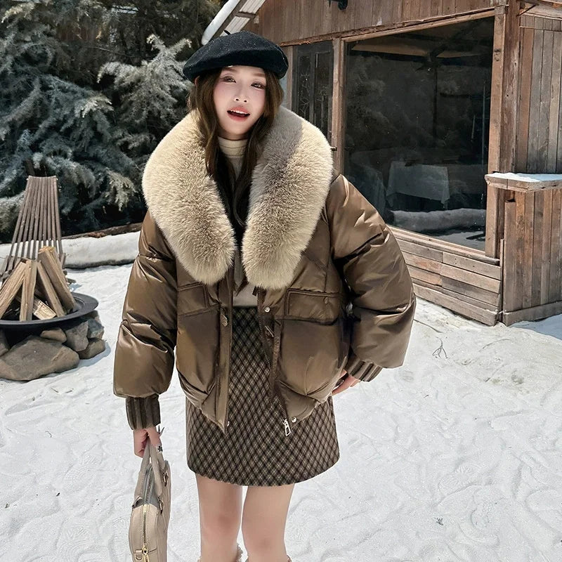 Winter Women Down Cotton Coat Street Imitation Fur Collar Hooded Short Cotton Padded Jacket Female Basic Snow Warm Overcoat 2025