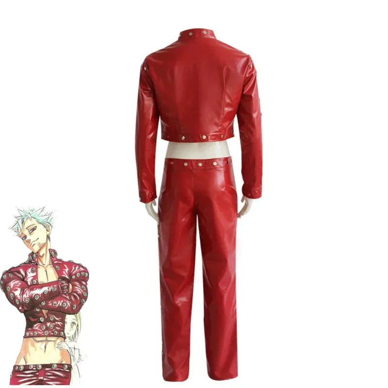 Lyou 2025 Anime Seven Deadly Sins: Wrath of The Gods Ban Cosplay Costume Red PU Coat Pants Wig Adult Man Woman Halloween Ca★★★kk
