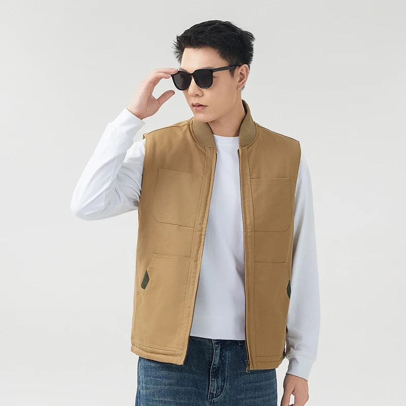 Autumn Winter Thickened Down Cotton Vest Men's Loose Fit Warmth Sleeveless Jacket New Stand Collar Jacket Outdoor Workwear Vest