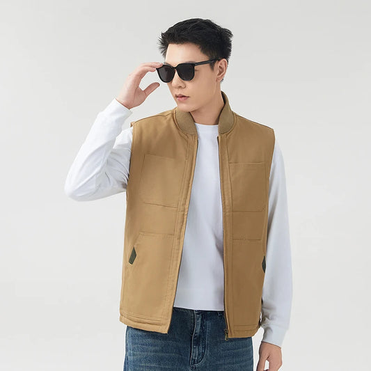 Autumn Winter Thickened Down Cotton Vest Men's Loose Fit Warmth Sleeveless Jacket New Stand Collar Jacket Outdoor Workwear Vest