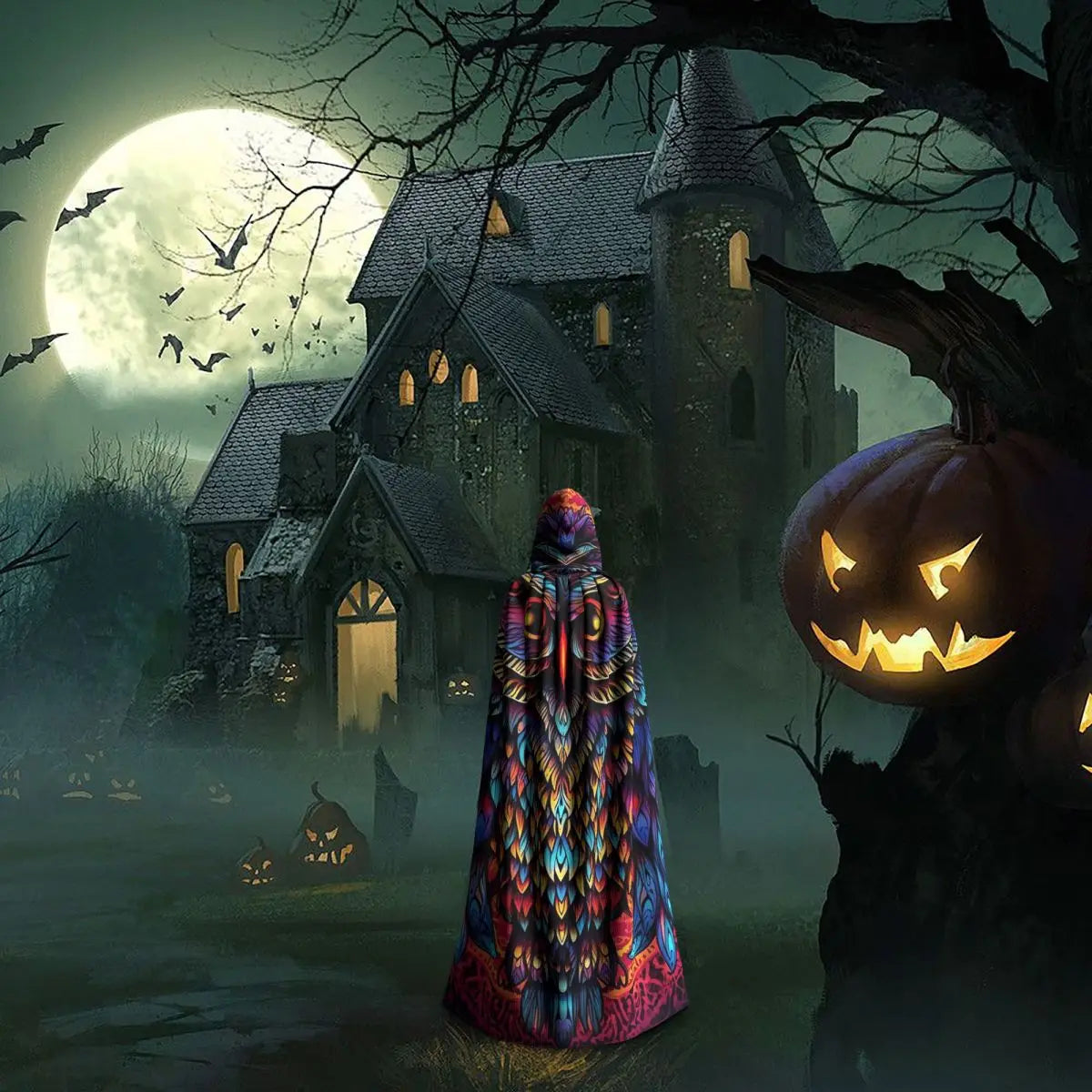 Native Mandala Owl American Long Hooded Cloak Witch Medieval Costume Cosplay Cape HalloweenCoat Adult Unisex