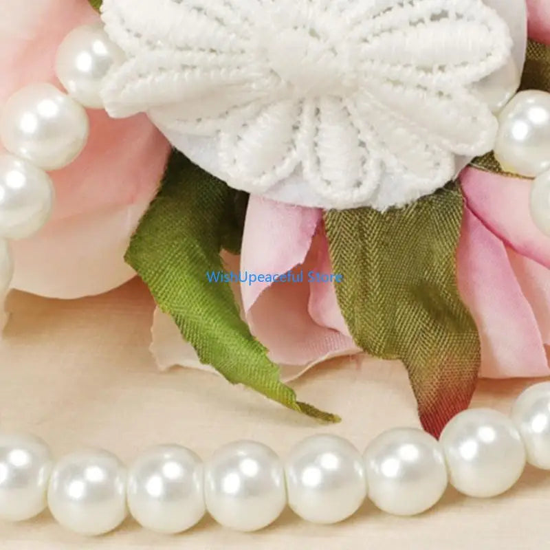 34YA Artificial Rose Wrist Corsage Wristband with Greenery Leaves Wedding Pearls Wristlet Hand Flowers for Women Bride Party