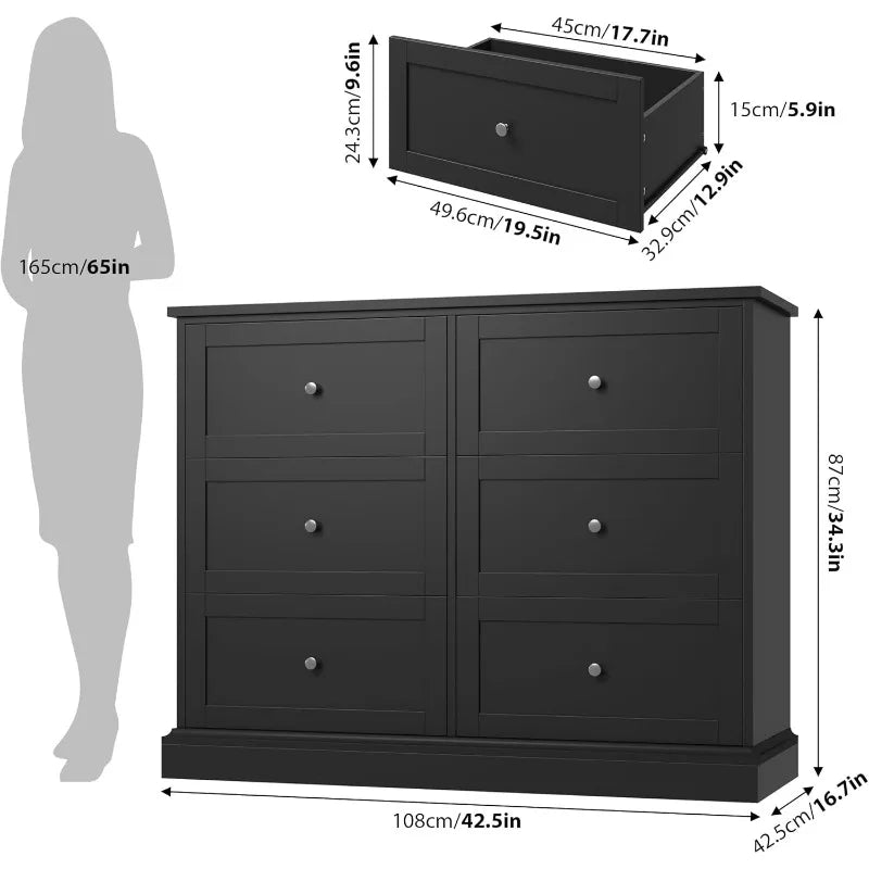 FOTOSOK Black Dresser,6Drawer Dresser Black,Modern Double Chest with Deep Drawers,Wide Storage Organizer Cabinet for Living Room