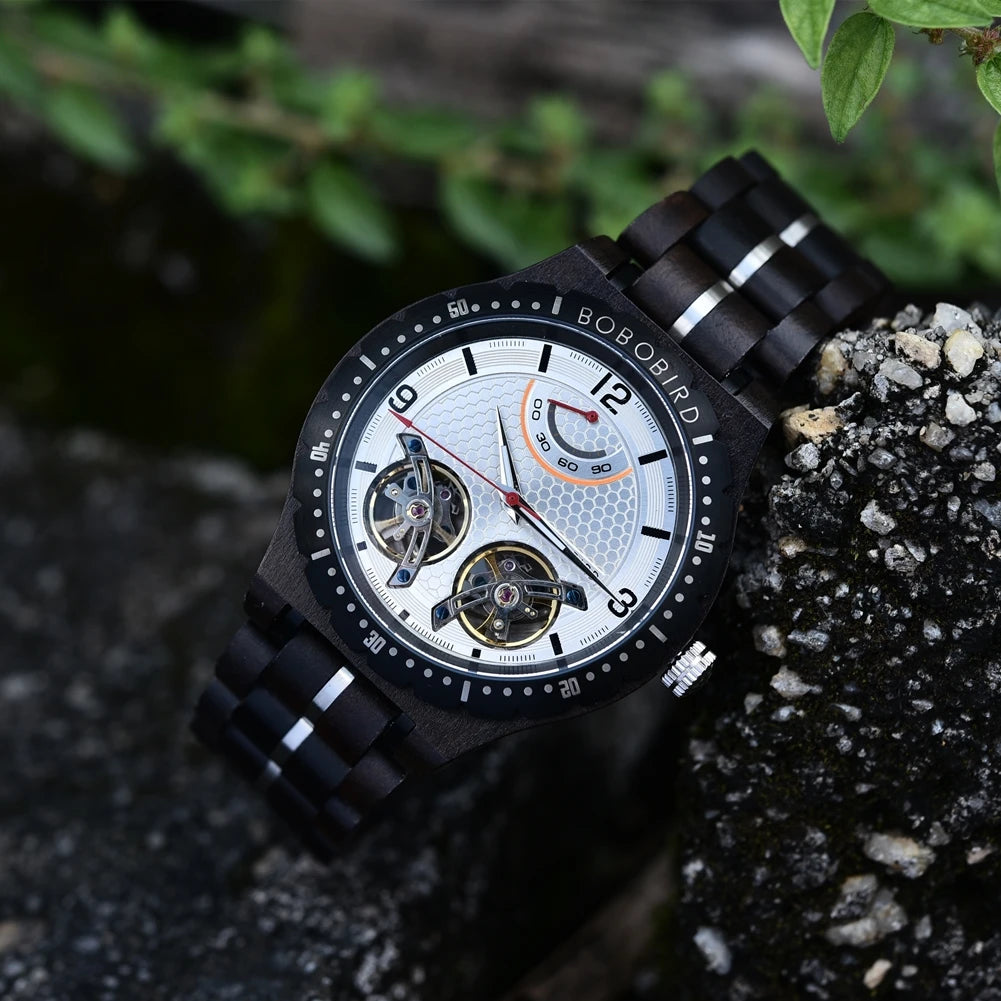 BOBO BIRD Men Mechanical Wooden Watches Double Tourbillon Movement Business Luxury Automatic Wristwatches for Men Great Gift Box