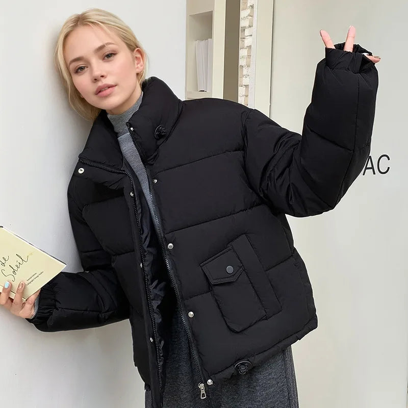 Women's Winter Parka Coat  Pure Color Stand Collar Patchwork Elastic Cuffs Lady's Quilted Jacket  Korean-Style Jacket For Female