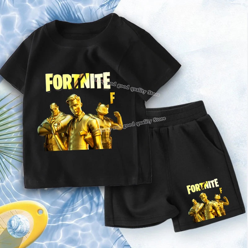 FORTNITED Anime Boy Summer T-shirt Set Kid Cotton Clothes 2pcs Short Baby Tops +Shorts Set Tee Sport Tracksuit Summer Outfits