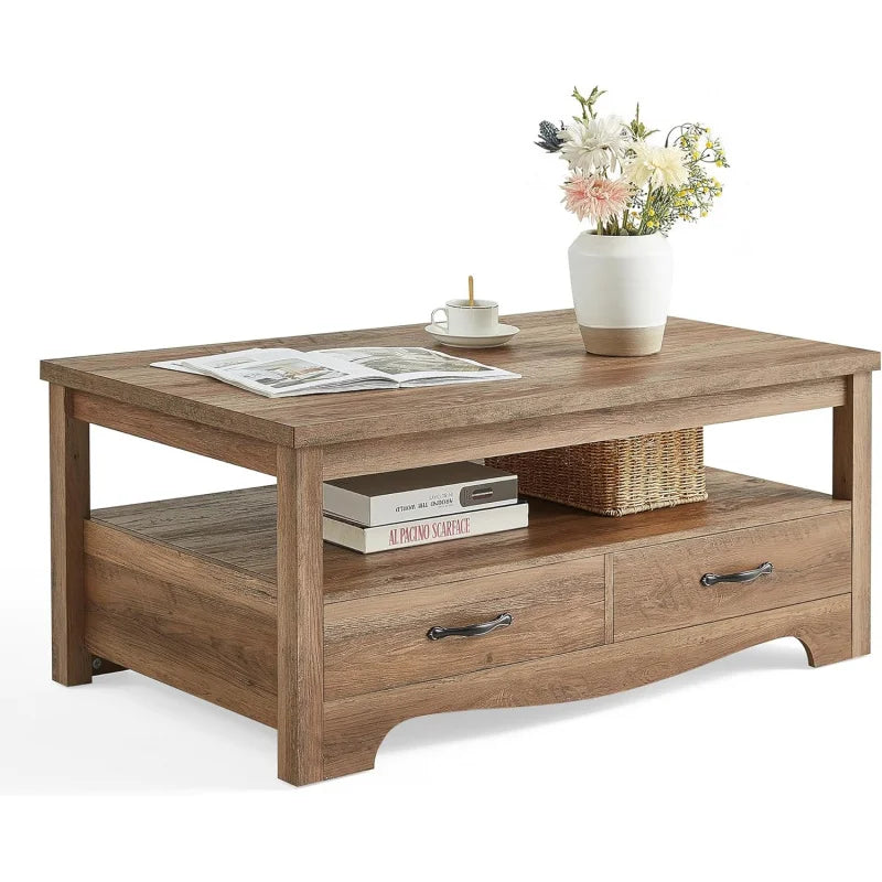 Farmhouse , Wood Coffee Table for Living Room, Open Display Area and Storage Drawers with Me