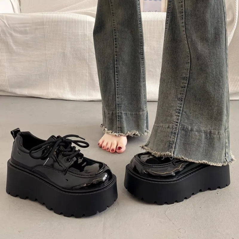 Women's Slope Heel Shoes Fall New Round Head Deep Mouth Front Lacing Thick Sole Non-slip Low Top Shoes