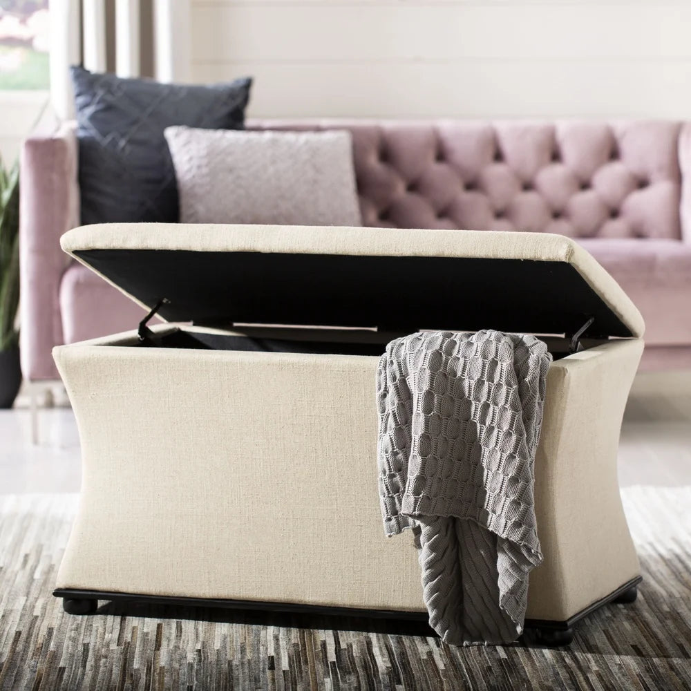 Transitional Glam Upholstered Storage Bench Flip Top Indoor Furniture Durable Wood Frame Beige Linen Fabric 240lbs Capacity